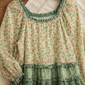 Mixed Floral Tiered Peasant Blouse Cottagecore Prairie Off Shoulder Romantic Top